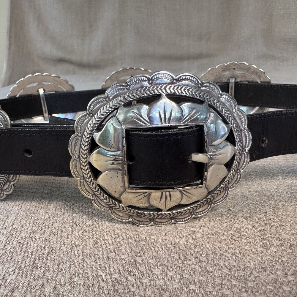 Vtg Brighton Black Leather Concho Belt Silver Buckle Sunflower 90s Multi Sz 529